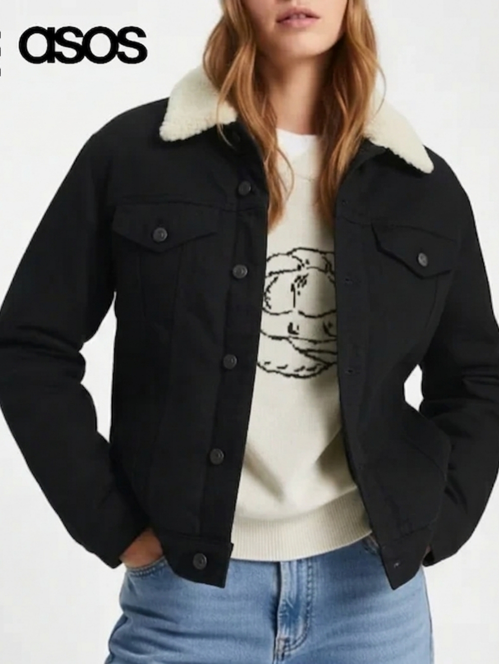 ASOS Classic Black Denim Jacket with Borg Collar Faux Sherpa
